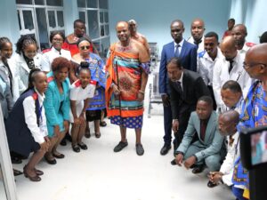 His Majesty King Mswati III posing for a group photo with some of the hospital staff